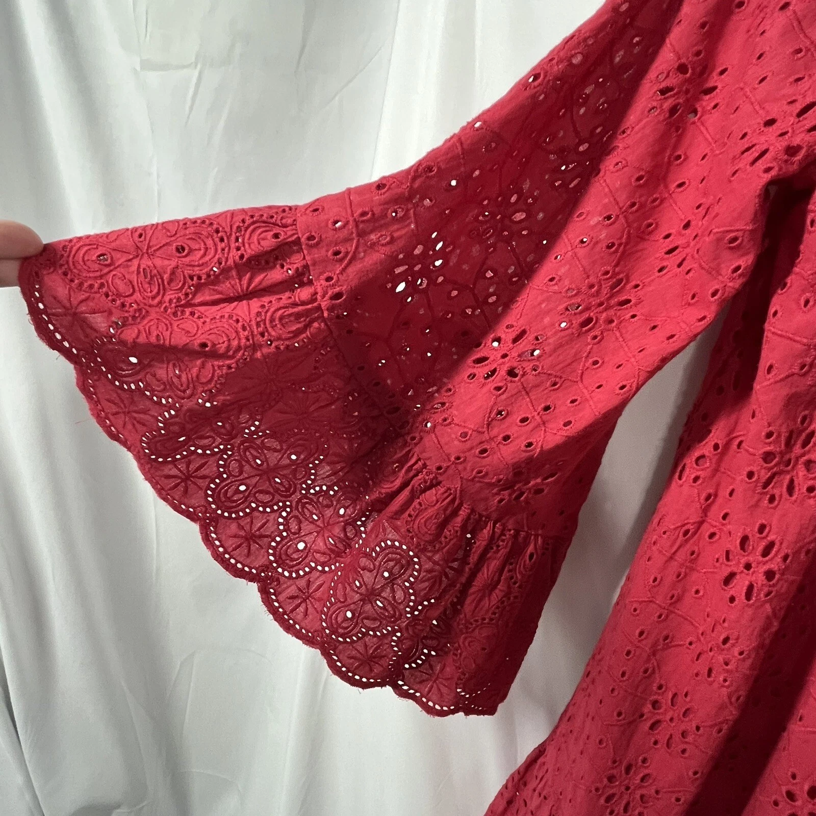 VALENTINO Sundance Mini Abito Occhiellato Rosso Manica a Campana Increspature XS Boho Hippie Fata Contadina