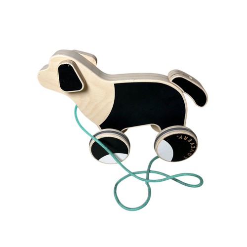 LOVEVERY The Pull Pup Wooden Push Pull Doggy Toy, Black/White/Natural Wood