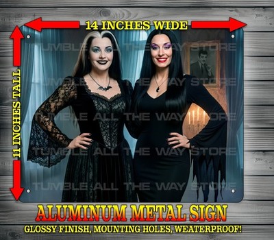 Lily Munster and Morticia Addams Goth Vixens Metal Sign Wall Art 14x 11''