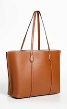 Tory Burch Perry Large Triple-Compartment Tote Brown Gold Logo Bag Charm
