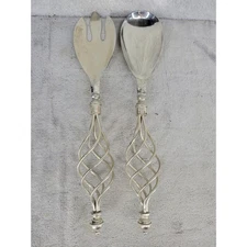 Silver Tone Salad Servers Twisted Handle Serving Utensils Set