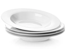 Soup Bowls Pasta Set of 4 White Shallow Plates Porcelain Rimmed 8 Inches