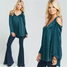 SHOW ME YOUR MUMU Cold Shoulder Boo Tunic Forest Green Teal Size XS Bell Sleeves