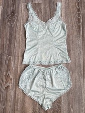 VTG ASHLEY TAYLOR M Silky Nylon Cami/ Panty Set Aqua Delicate Open Lace Side