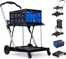 2-Tier Portable Collapsible Shopping Cart with Wheels & Removable Storage Crate