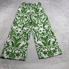 Karen Kane Wide Leg Pants Women L Green White Damask Cotton Resort Boho Coastal