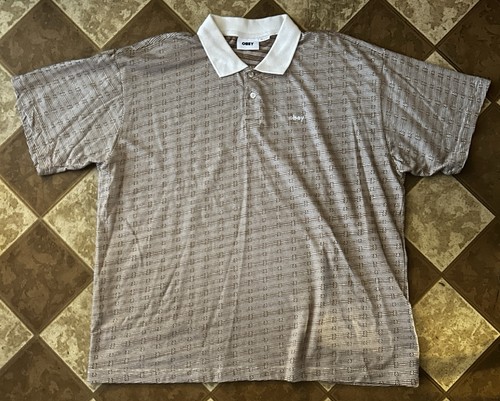 OBEY by UO Tan Bigwig Patterned Short Sleeve Polo Shirt 100% Cotton Size Large