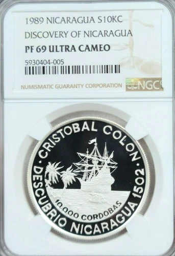 1989 NICARAGUA SILVER 10000 CORDOBAS DISCOVERY NGC PF 69 ULTRA CAMEO TOP POP