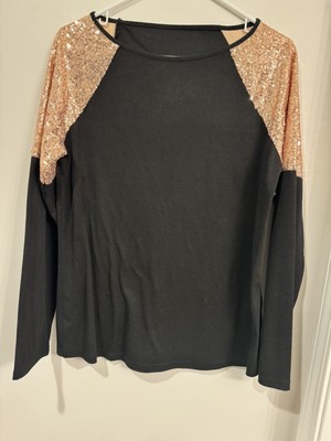 Boutique Long Sleeve Crew Neck Sequin Shoulder Patchwork Tunic Size L NWOT
