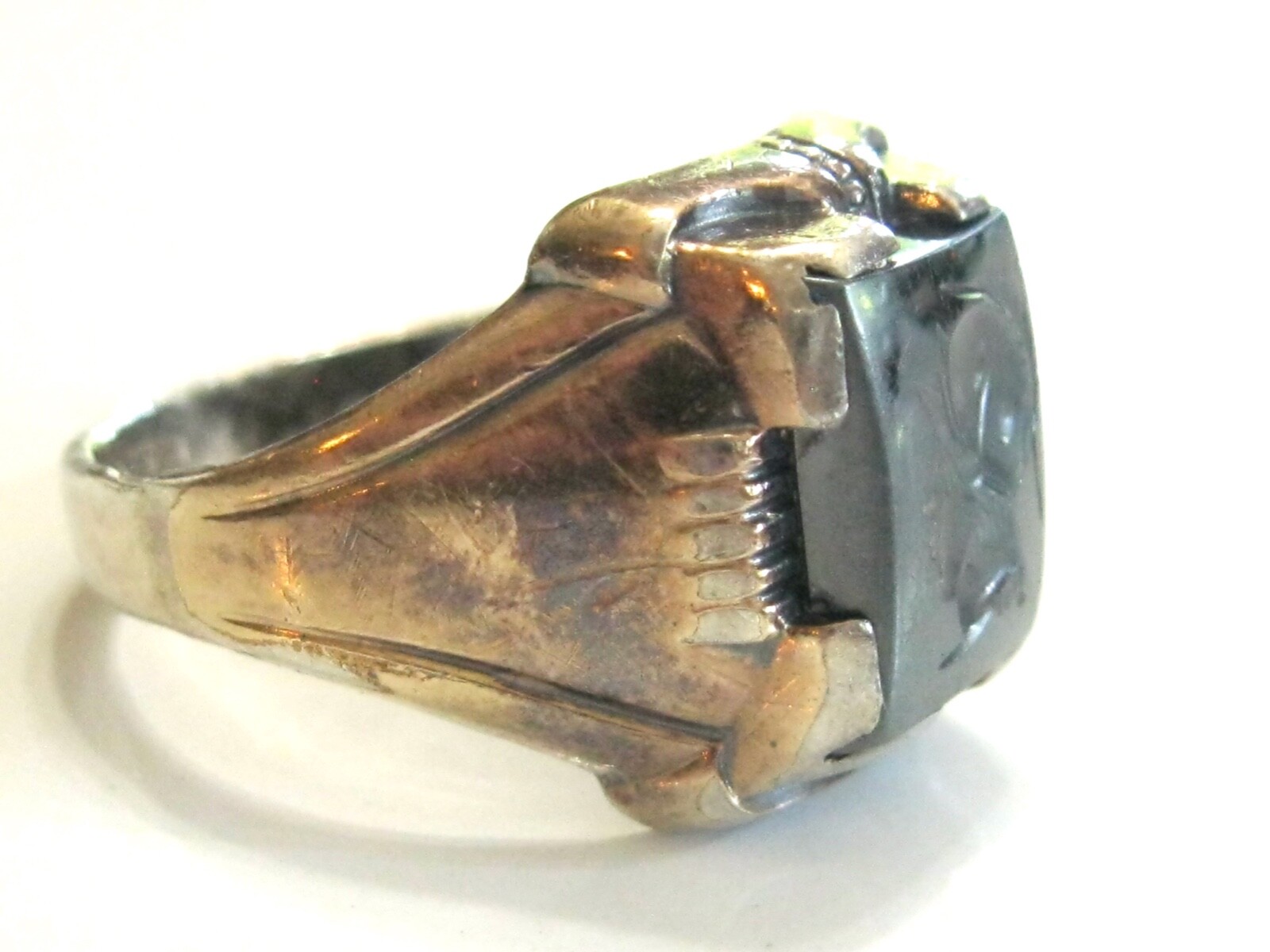 ANTIQUE MENS RING STERLING SILVER & 10K GOLD w HEMATI… Gem