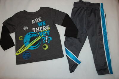 Toddler Boys ARE WE THERE YET? Space Planets L/S T-SHIRT PANTS Gray Turquoise 2T