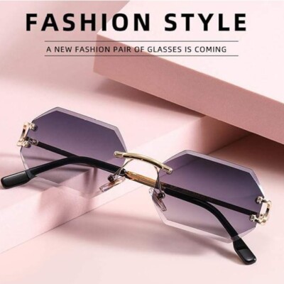 Rimless Sunglasses Men Octagon Frame Gradient Gray Lens Fashion Eyewear Hip Hop