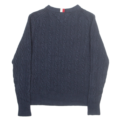 TOMMY HILFIGER Girls Jumper Blue V-Neck Cable Knit Wool L - Picture 3 of 6