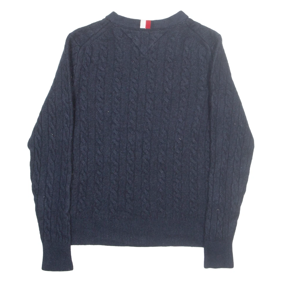 TOMMY HILFIGER Girls Jumper Blue V-Neck Cable Knit Wool L - Image 3 of 4