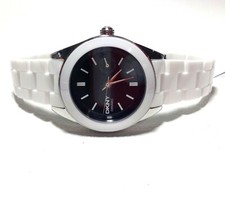 NEW DKNY SILVER TONE+WHITE CERAMIC BAND,BLACK DIAL,BRACELET WATCH NY2142