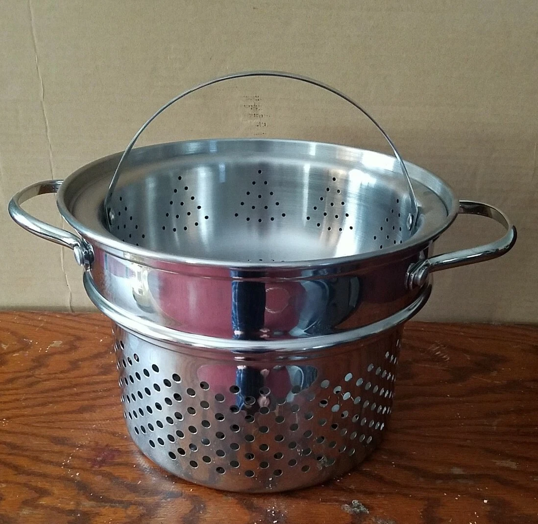 Large SS Pasta Pot Strainer Colander Insert W/LID 7.5"H X 10 ”W Insert 3" tall