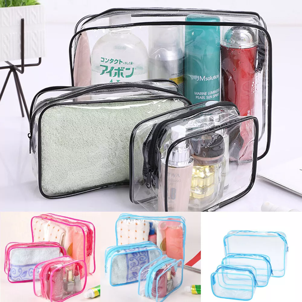 3pc Transparent Travel Bag Airport Cosmetic Toiletry Clear Wash Pouch | eBay