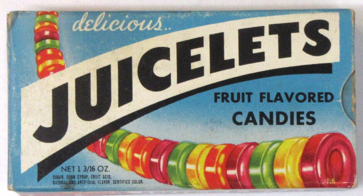 1940's JUICELETS Fruit Flavored Candy 5 Cent empty candy box Movie