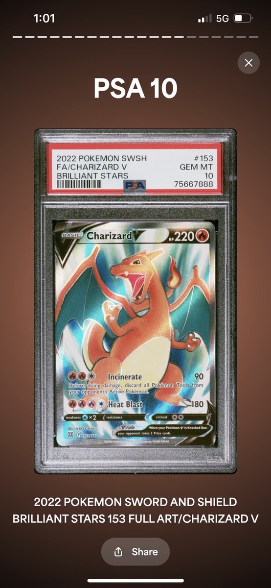 PSA 10 2022 Pokemon Brilliant Stars #153 Charizard V Full Art Gem