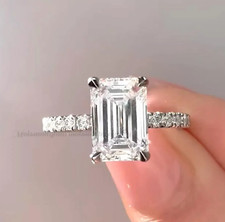 3.20 CT Emerald Cut Moissanite Hidden Halo Engagement Ring 14K White Gold Plated
