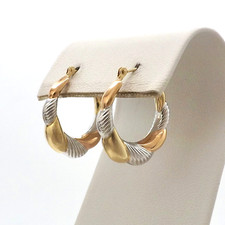 14k Tricolor Gold Puffy Twisted Scalloped Hoop Earrings New