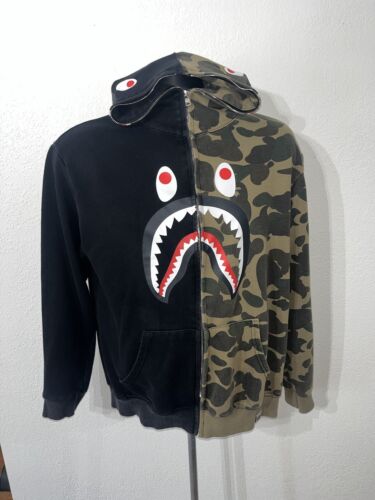 Bape A Bathing Ape Shark Full Zip Hoodie Size Small WGM Half Black & Camo