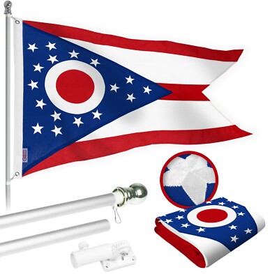 NEW G128 Ohio Flag & Flagpole, 6FT Silver Pole + 3x5FT Embroidered Spun Poly