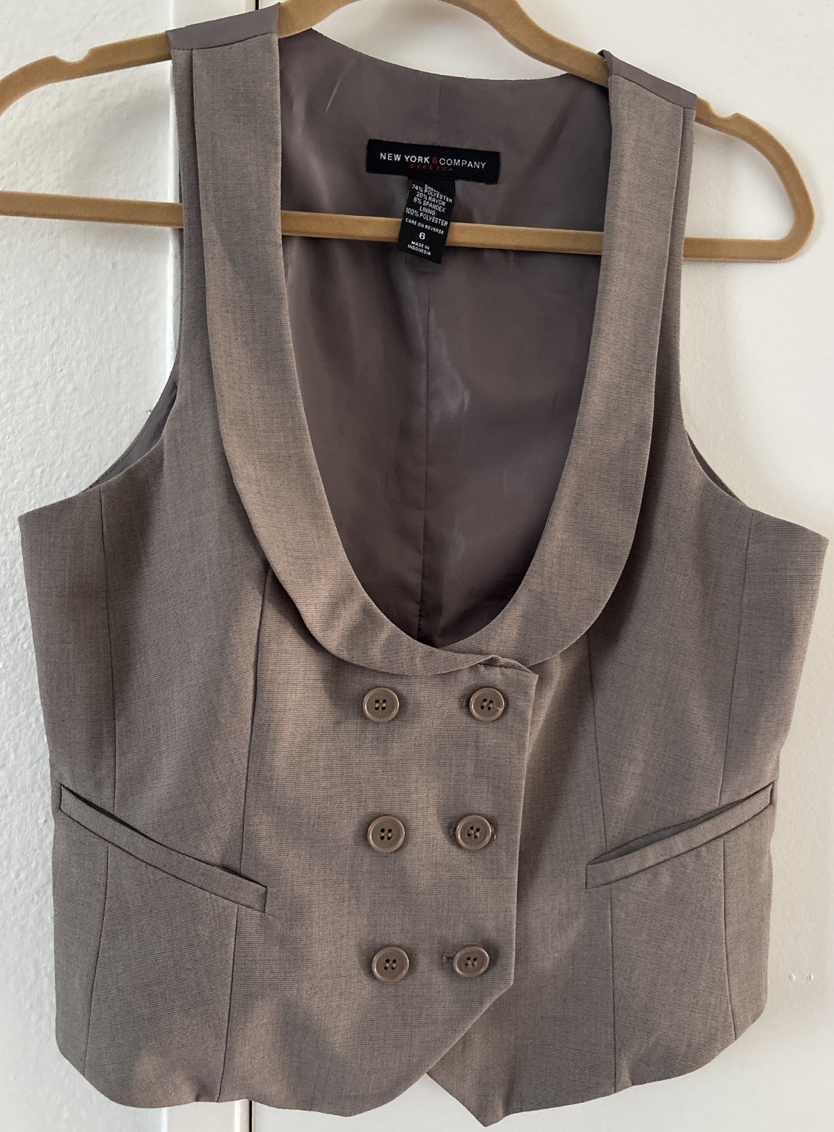 New York & Company Grey Double-Breasted Suit Vest Plunge Neckline Size 6