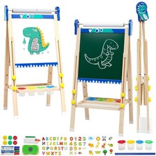 Kids Wooden Art Easel with Paper Roll,Foldable Double-Sided Easel with Whiteb...