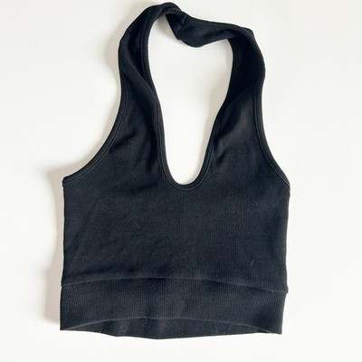 THE KRIPT Womens Basic Black Ribbed Knit Halter Neck Crop Top Tank Size XS