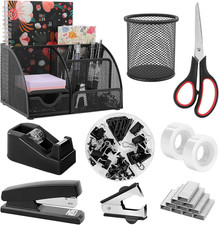 Black Office Supplies, Mesh Desk Organizer, Stapler, Tape Dispenser, Scissors,
