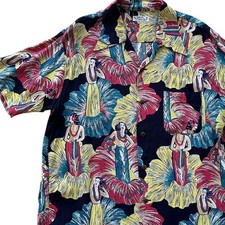 SUN SURF Vintage Aloha Shirt Rayon Hula Girl  Hibiscus Large Ages 14 
