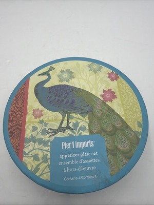 Pier 1 Imports 6-inch Peacock Glass & Foil Appetizer Plate Set of 4