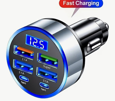 6-in-1 Auto Schnellladegerät KFZ USB C & USB Fast Charger 12V-24V LED Voltmeter