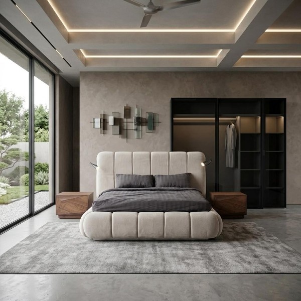 Elegantes Beiges Schlafzimmer Set Textilbett 2X Nachttische Schrank-image