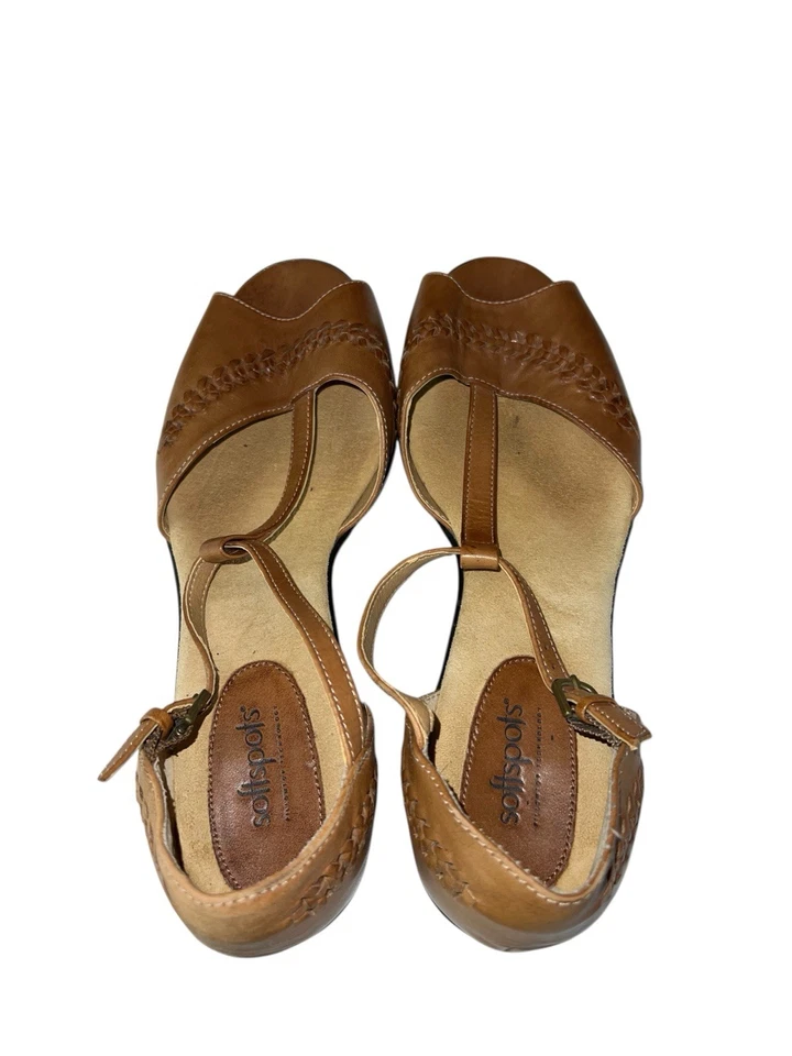 Softspots Tan Leather Peep Toe Slingback Wedge Sandals Women’s 11W Comfort - Image 4 of 4