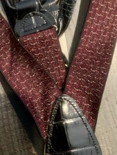 Trafalgar burgundy red suspenders with black leather button-end attachments
