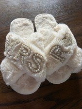 Ivory Faux Fur Bridal wedding Slippers Pearl Rhinestone MRS Heart Slides Size 38