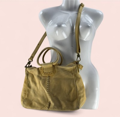 #ad Hobo Sheila Medium Satchel Handbag Crossbody Yellow Suede Tote Whipstitch Purse