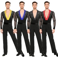 Mens Outfits Deep V-neck Dancewear Leotard Set Ballroom Long Sleeve Dancing