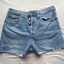 Levi's 501 S Woman’s Denim Shorts Blue Button Fly Raw Hem Medium Wash