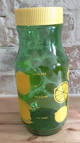 Vintage Anchor Hocking Green Lemonade Lemon Juice Jar Pitcher Carafe Yellow Lid