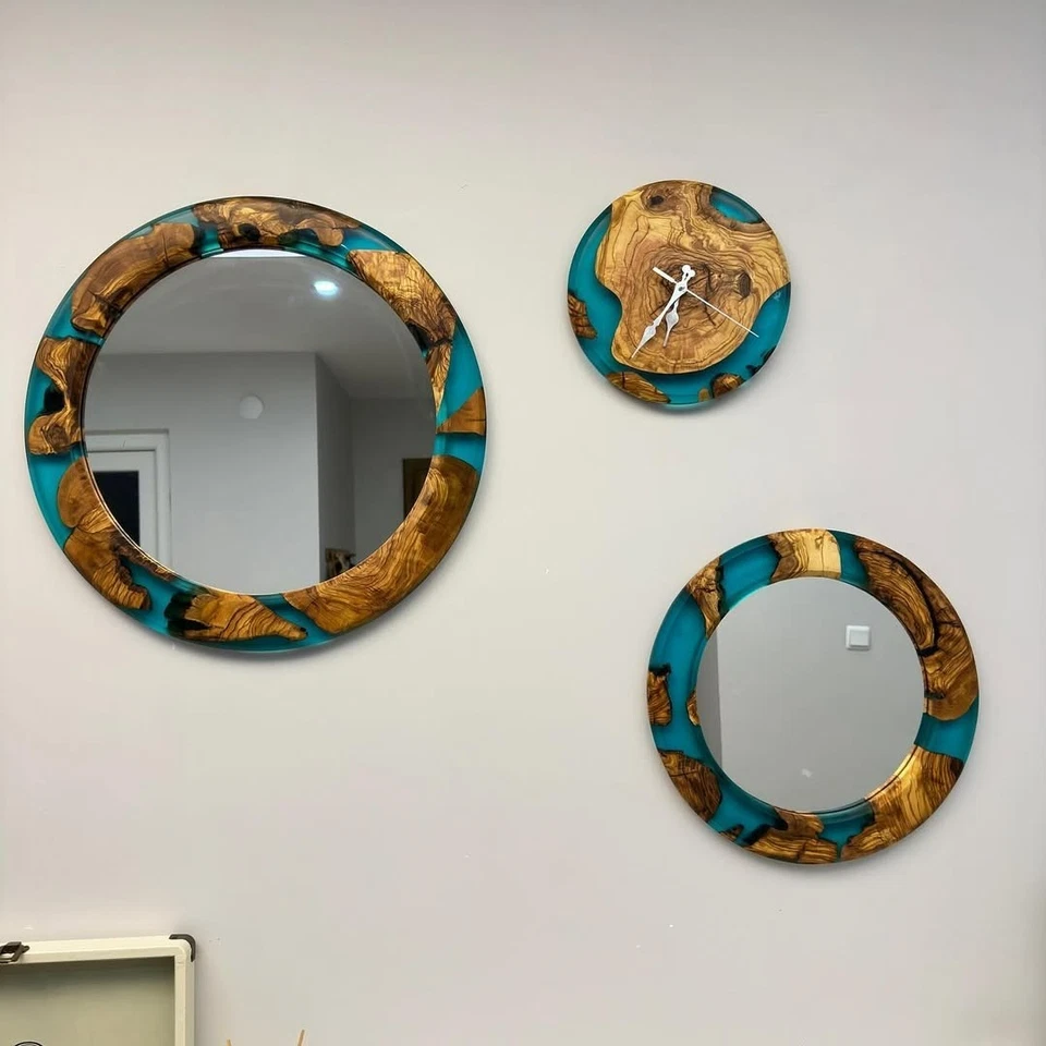 Handmade Epoxy Wall Clock  Mirror Set with Olive Wood Unique 3-Piece Decor 20'' - Image 3 of 4