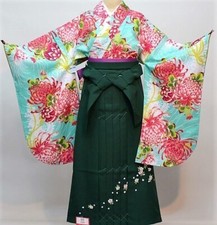 Furisode Kimono  Hakama  Obi sash set L Size Brand New Green Pink Floral F/S