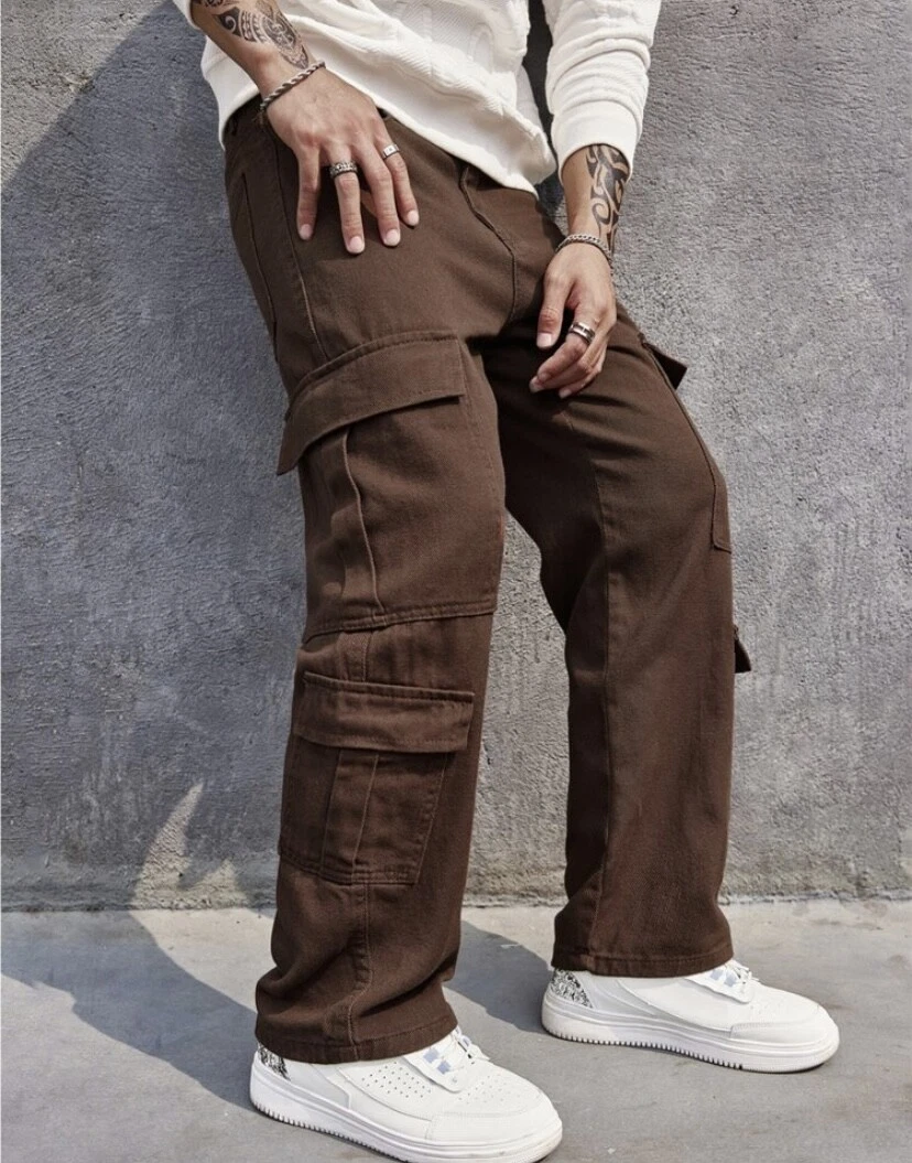 Customized Men Flap Pocket Cargo Jeans Brown Denim Button Closure Tactical  Pants