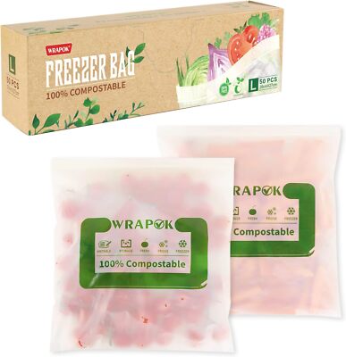 WRAPOK 100% Compostable Freezer Ziplock Bags Large Food Storage