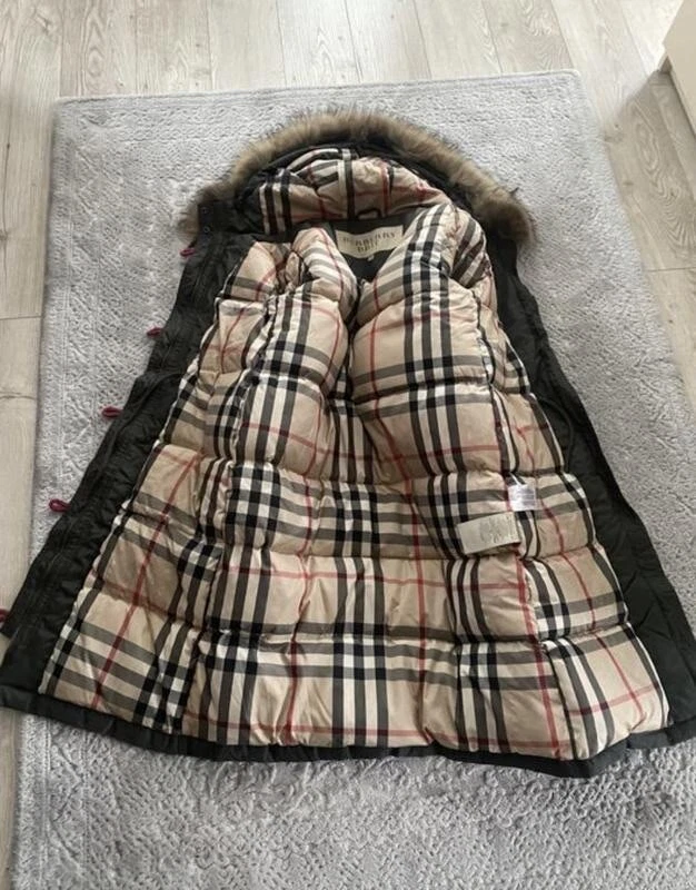 $5K AUTHENTIC BURBERRY BRIT OLIVE LONG DOWN FUR HOOD PUFFER PARKA COAT M