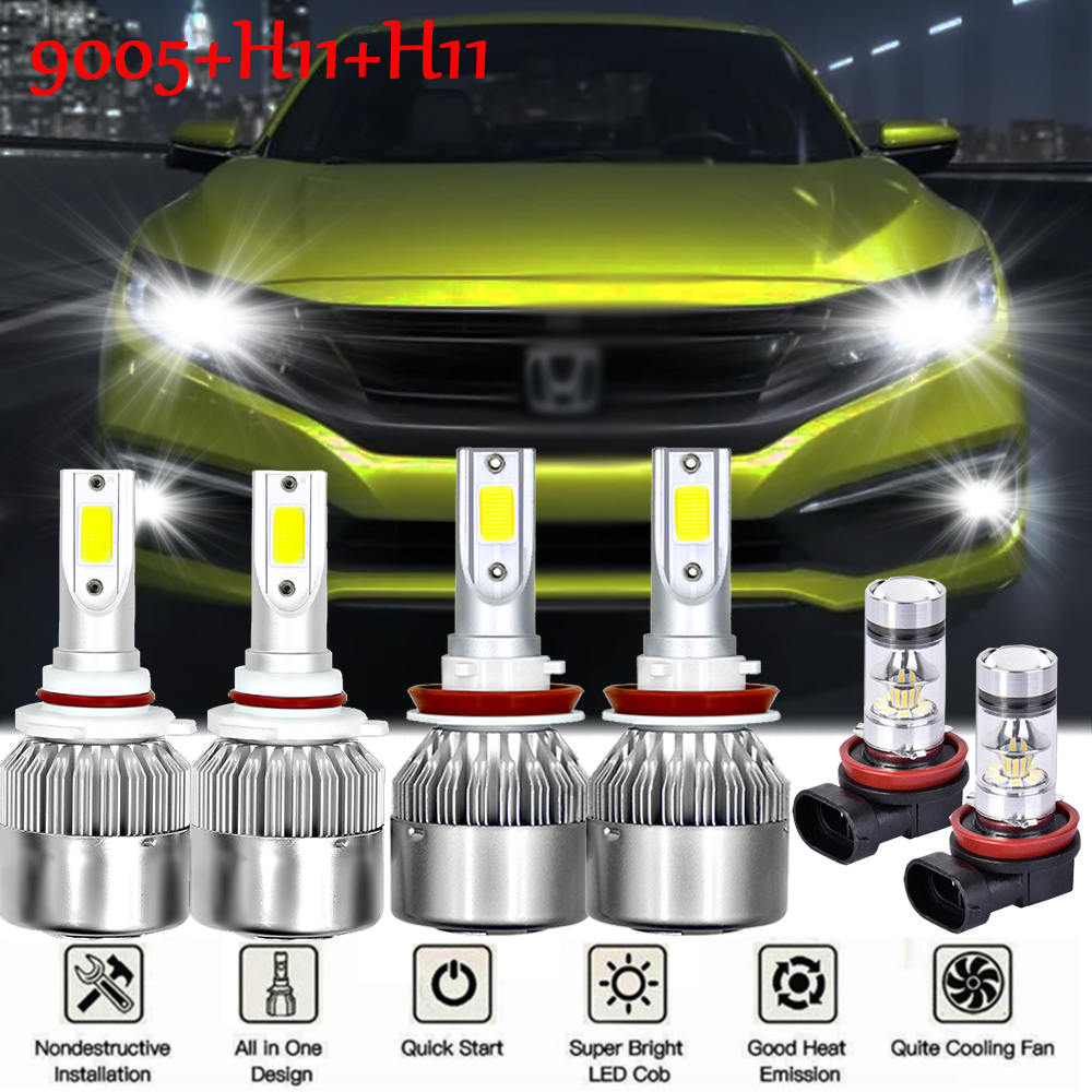 For Honda Civic 2016-2019 Combo 6x LED Front Headlight + Fog Lights Bulbs Kit