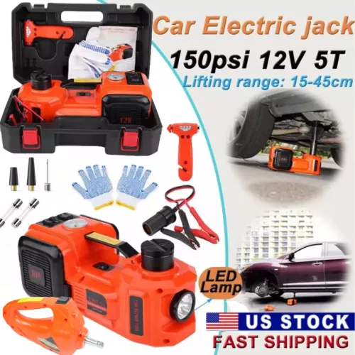 Electric Hydraulic Car Floor Jack 5 Ton 12V w/ Impact Wrench &Tire Inflator Pump