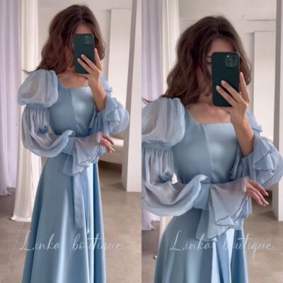 French Fairy Dress Light Blue Women Square Neck Puff Sleeve Dubai Party  Gown | eBay